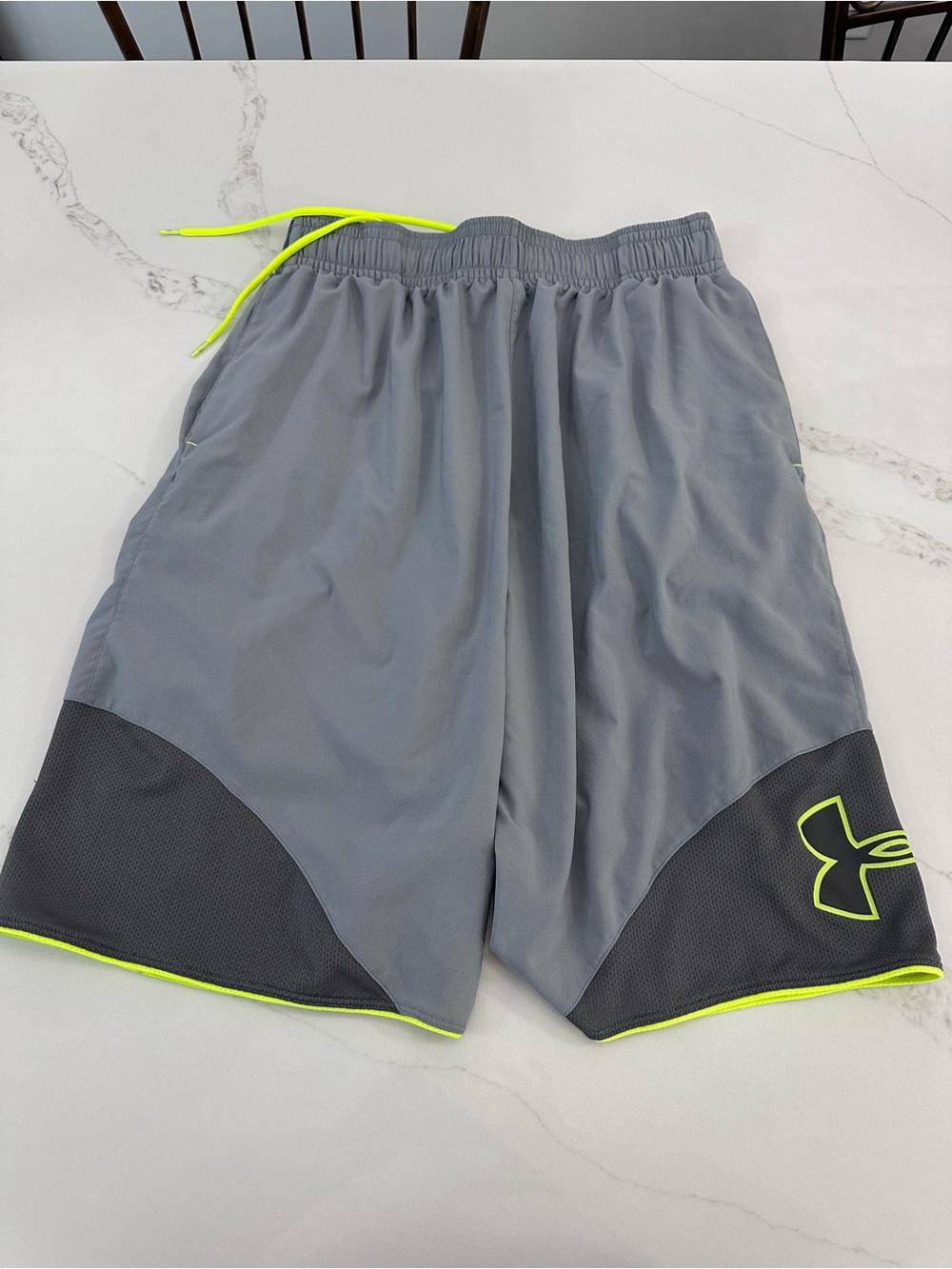 Under Armour Men’s Gray Athletic Shorts with Neon Yellow Accents